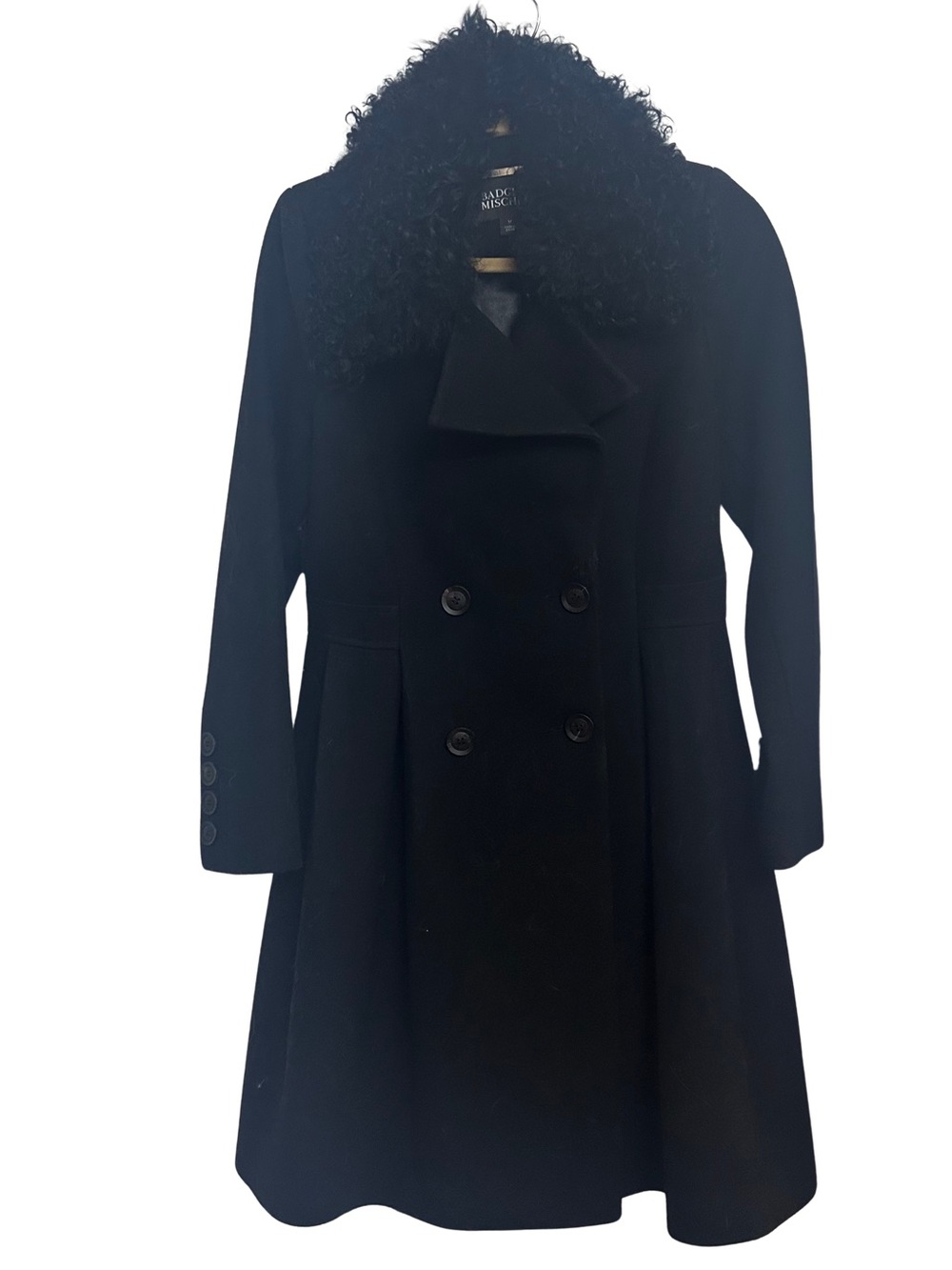 Badgley Mischka Black Double-Breasted Wool Pea Coat Lamb Shearling Fur Collar MD